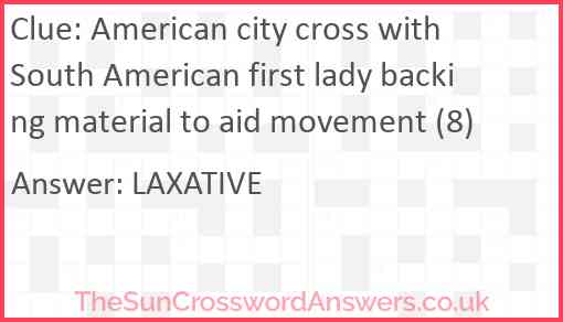 American city cross with South American first lady backing material to aid movement (8) Answer