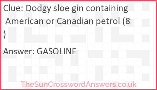 Dodgy sloe gin containing American or Canadian petrol (8) Answer