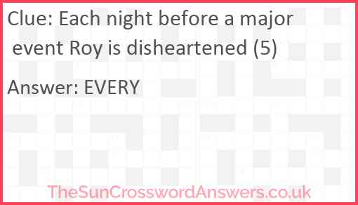 Each night before a major event Roy is disheartened (5) Answer