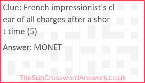French impressionist's clear of all charges after a short time (5) Answer
