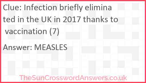 Infection briefly eliminated in the UK in 2017 thanks to vaccination (7) Answer