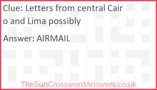 Letters from central Cairo and Lima possibly Answer