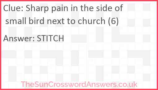 Sharp pain in the side of small bird next to church (6) Answer